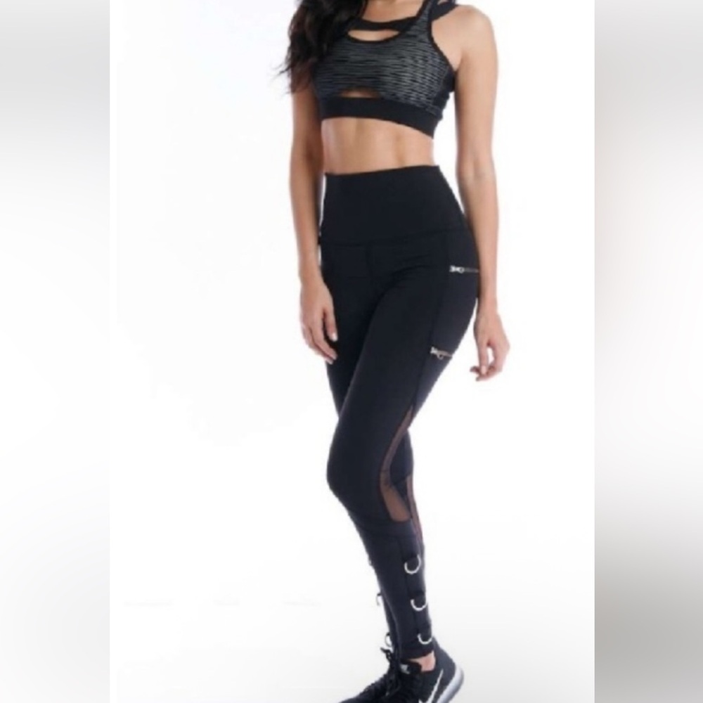 Lukka Lux Black Zipper Mesh High Rise Accent Grommet Goth Grunge Punk Leggings
